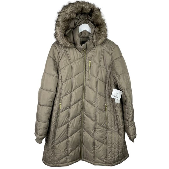 NWT LIZ CLAIBORNE Women 1X Taupe Faux Fur Hood Zip Water Resistant Puffer Jacket - Picture 1 of 14